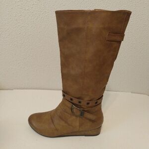 Kisses Tan Faux Leather Zip Mid Calf Riding 1 3/4" Wedge Boots sz 8.5